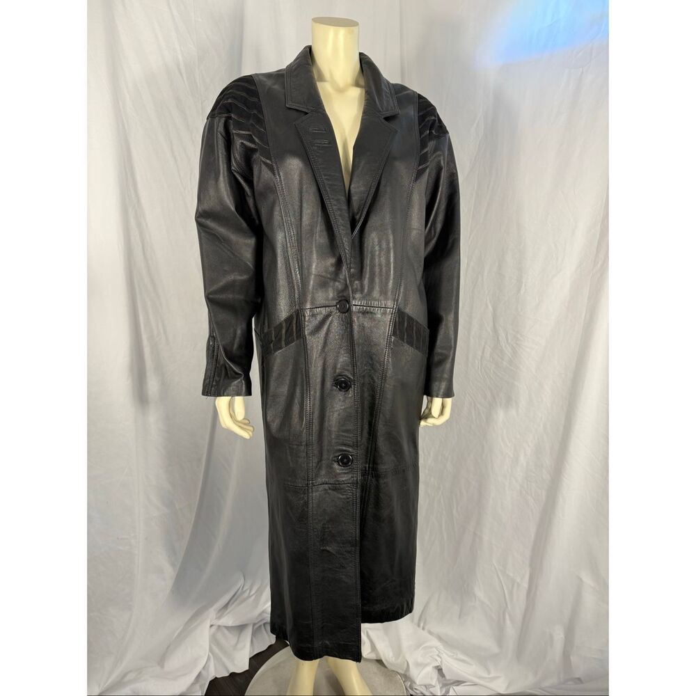 Vintage 1980s–1990s Excelled Genuine Leather Long Trench Coat – Black – Size S - Picture 1 of 16